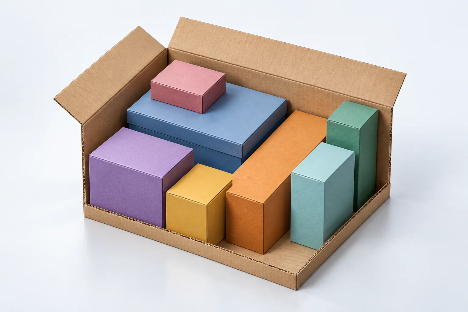Ilustração realista de oito embalagens diferentes: caixa principal com livro e estojo empilhados, item comprido na lateral, kit, acessórios e dois cartuchos altos nos espaços restantes.